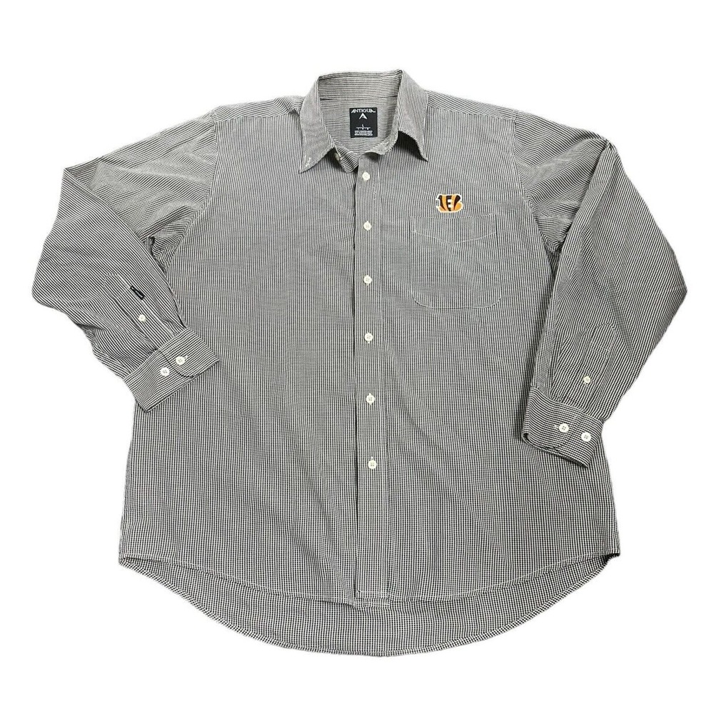 Antigua NFL Cincinnati Bengals Shirt Large‎ Black Plaid Long Sleeve Button Up